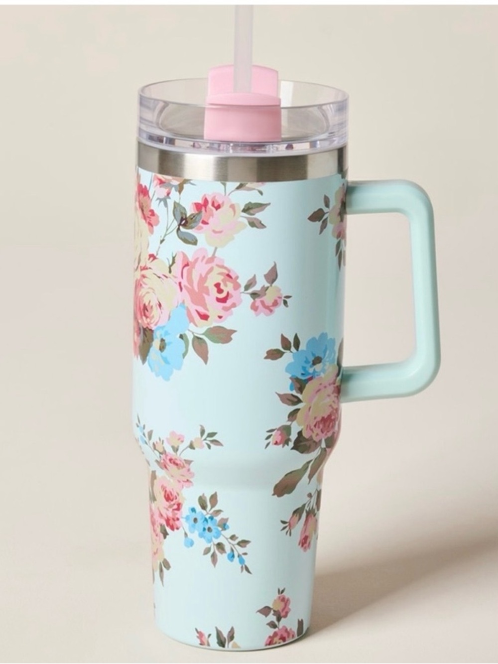 Francesca's Collections Floral Light Blue Travel Mug with Pink Lid